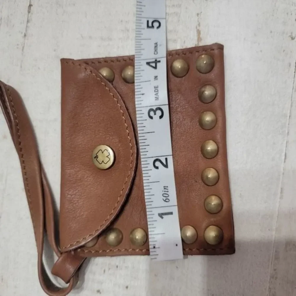 Leather Brown  Coin purse Wristlet Four Leaf Clover gold snap gold embellishment